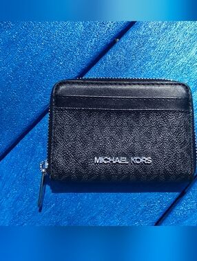 Michael Kors Black Textured Zip Wallet with Silver Logo
